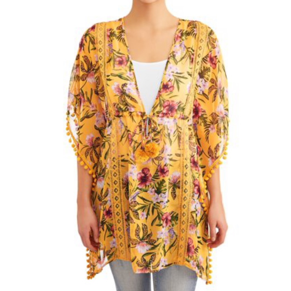 NEW! Time and Tru Pom Pom Kimono Yellow Floral